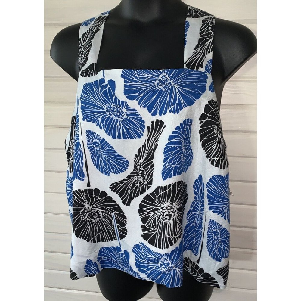 Ashley Stewart Sz 22 Top Blue White Floral Linen Blend Halter Top Tunic EUC